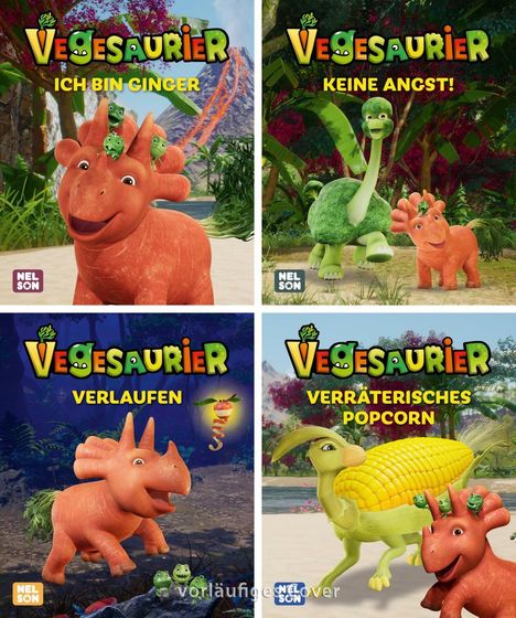 "VEGESAURIER" in bunten Buchstaben, Titel: "ICH BIN GINGER", "KEINE ANGST!", "VERLAUFEN", "VERRÄTERISCHES POPCORN". Illustration.