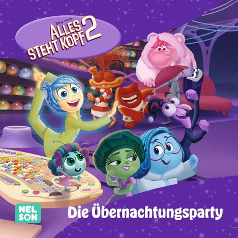 Logo mit Text "Alles steht Kopf 2" und "Die Übernachtungsparty". Bunte Figuren tanzen und lachen fröhlich zusammen.