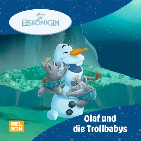 Olaf und die Trollbabys. Ein fröhlicher Schneemann hält zwei kleine Trollbabys im Arm. Hintergrund ist eine Eislandschaft.