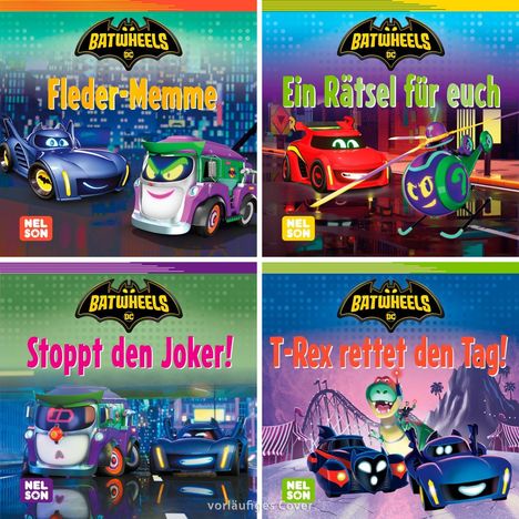 Vier Cartoons mit Fahrzeugen. Titel: "Fleder-Memme", "Ein Rätsel für euch", "Stoppt den Joker!", "T-Rex rettet den Tag!".