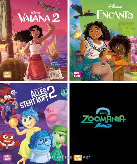„Vaiana 2“, „Encanto“, „Alles steht Kopf 2“, „Zoomania 2“, jeweils mit Disney-Charakteren in bunten Umgebungen.