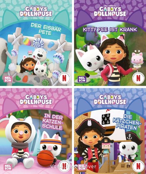 "Der Eisbär Pete", "Kitty Fee ist krank", "In der Katzenschule", "Die Kätzchen-Piraten". Illustrationen aus "Gabby's Dollhouse".