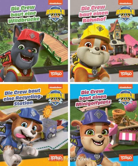 Vier bunte Illustrationen mit Hunden in Bauarbeiterhelmen bauen Brücke, Bahnhof, Recycling-Station und Minigolfplatz.