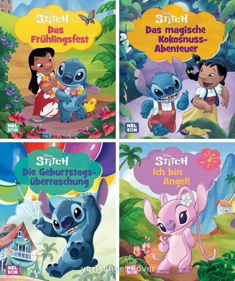 Oben links: "Das Frühlingsfest." Oben rechts: "Das magische Kokosnuss-Abenteuer." Unten links: "Die Geburtstagsüberraschung." Unten rechts: "Ich bin Angel!" Vier bunte Illustrationen mit Stitch und Freunden.