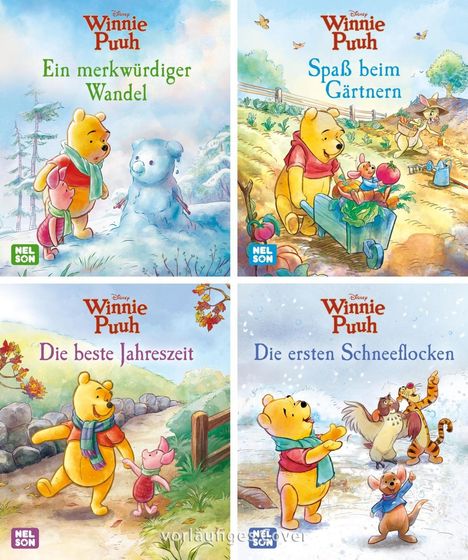 Oben links: Ein merkwürdiger Wandel. Oben rechts: Spaß beim Gärtnern. Unten links: Die beste Jahreszeit. Unten rechts: Die ersten Schneeflocken. Alle sind Illustrationen mit Winnie Puuh und Freunden in verschiedenen Jahreszeiten.