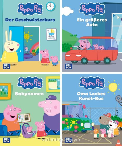Text: "Peppa Pig" mit Titeln: "Der Geschwisterkurs", "Ein größeres Auto", "Babynamen", "Oma Lockes Kunst-Bus".  
Illustration von Peppa Pig und anderen Charakteren in verschiedenen Szenen.