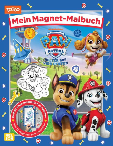 „Mein Magnet-Malbuch“, „PAW Patrol“, „Helfer auf vier Pfoten“. Hunde in Uniformen, bunte Landschaft, Magnetrahmen.
