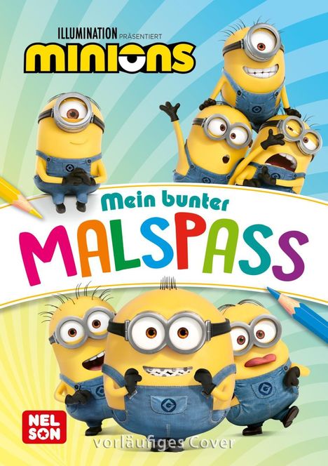 Text: "Mein bunter Malspaß". Illustration mit gelben Figuren in blauer Latzhose; humorvolle, freudige Szenen.