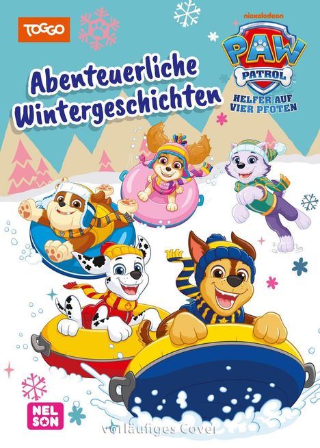 "Abenteuerliche Wintergeschichten", PAW Patrol Hunde rodeln fröhlich im Schnee in bunter Winterkleidung.