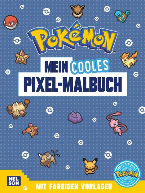 "Pokémon Mein cooles Pixel-Malbuch. Mit farbigen Vorlagen." Pixel-Art-Pokémon auf blauem Hintergrund.