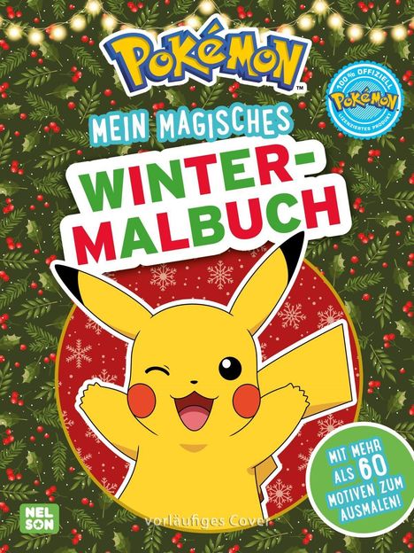 "Winter-Malbuch" auf grünem Hintergrund mit Blättern und Beeren. Pikachu lächelt fröhlich darunter.
