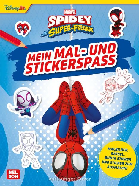 Text: "Mein Mal- und Stickerspaß", "Marvel Spidey und seine Super-Freunde", "Malbilder, Rätsel, bunte Sticker." Illustration.