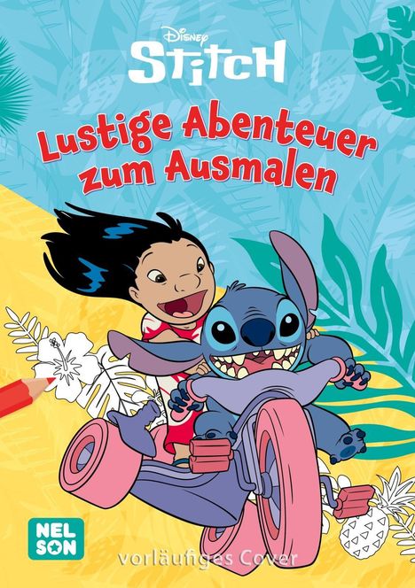 „Lustige Abenteuer zum Ausmalen“ im Vordergrund. Freundliche Zeichentrickfiguren auf buntem Hintergrund.