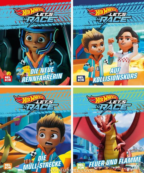 "Die neue Rennfahrerin", "Auf Kollisionskurs", "Die Müll-Strecke", "Feuer und Flamme". Kinder mit Rennthemen.