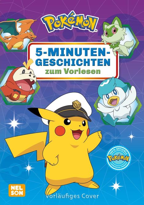 5-MINUTEN-GESCHICHTEN zum Vorlesen. Illustration: Pikachu in Uniform, umgeben von anderen Pokémon.