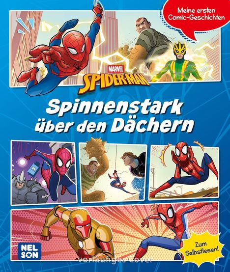 "Spinnenstark über den Dächern", Marvel Spider-Man Logo. Bilder von Spider-Man, Rhino, Iron Man, Sandman und Electro.