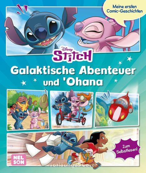 „Galaktische Abenteuer und 'Ohana“, Disney Stitch, „Meine ersten Comic-Geschichten“. Illustrationen von Stitch in fröhlichen Szenen.