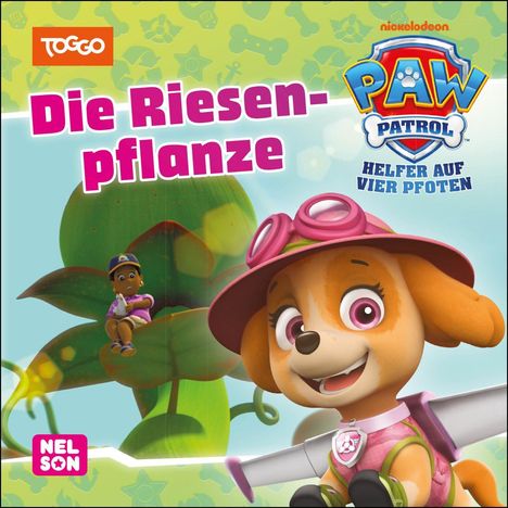 "Die Riesenpflanze", "Paw Patrol", "Helfer auf vier Pfoten". Fröhlicher Hund in Piloten-Outfit vor großer Pflanze.