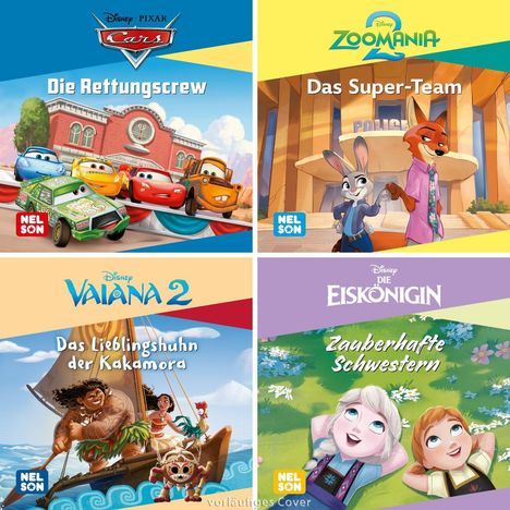 Vier bunte Kinderbuchcover. Titel: „Die Rettungscrew“, „Das Super-Team“, „Das Lieblingshuhn der Kakamora“, „Zauberhafte Schwestern“.