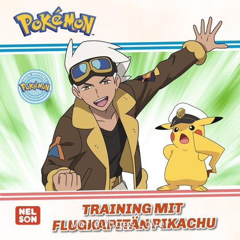 "TRAINING MIT FLUGKAPITÄN PIKACHU" in großen Buchstaben. Ein Charakter posiert mit einem gelben Wesen mit Kapitänsmütze.