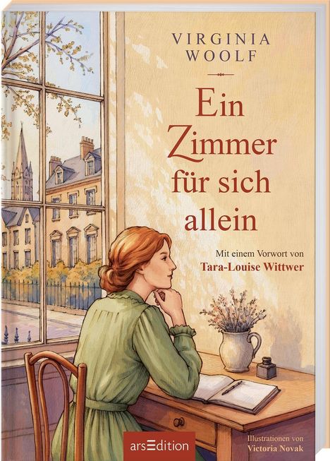 Buchtitel: "Ein Zimmer für sich allein". Autorin: Virginia Woolf. Illustration: Frau sitzt am Schreibtisch, schaut aus Fenster.