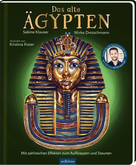 "Das alte Ägypten", Autoren Sabine Klauser, Mirko Drotschmann. Illustration: Pharaonenmaske, Gesicht des Video-Creators in Kreis.