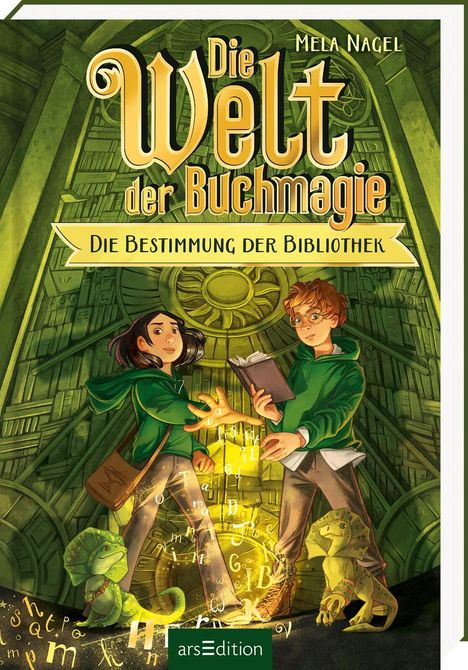 „Die Welt der Buchmagie: Die Bestimmung der Bibliothek, Mela Nagel.“ Zwei Kinder in grüner Kleidung, umgeben von Magie.