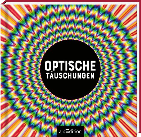„OPTISCHE TÄUSCHUNGEN“ in Weiß auf schwarzem Kreis, umgeben von bunten, kreisförmig angeordneten Mustern.