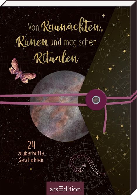 "Von Raunächten, Runen und magischen Ritualen. 24 zauberhafte Geschichten." Mystische Illustrationen mit Mond, Motte.