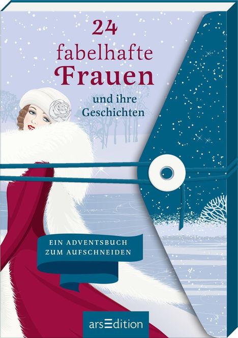 "24 fabelhafte Frauen und ihre Geschichten" steht auf einem winterlichen Buchcover mit eleganter Frau in Rot und Weiß.