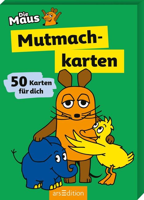 Text: "Mutmachkarten", "50 Karten für dich". Illustration mit Maus, Ente und Elefant auf grünem Hintergrund.