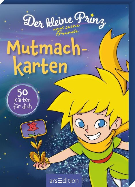 "Der kleine Prinz und seine Freunde. Mutmachkarten. 50 Karten für dich." Illustration: Junge mit gelbem Schal, Sternenhimmel.