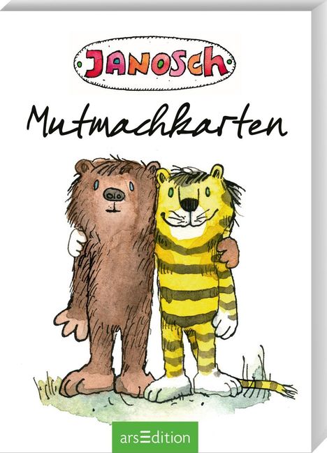 „Mutmachkarten“ steht unter einem bunten „Janosch“-Logo. Ein Bär und Tiger umarmen sich. Unten „arsEdition“.