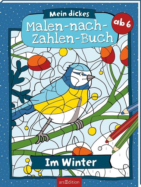„Mein dickes Malen-nach-Zahlen-Buch“, „ab 6“, „Im Winter“. Ein Vogel sitzt in einem stilisierten winterlichen Umfeld.