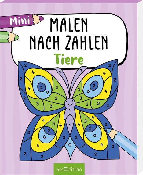 Text: "Mini Malen nach Zahlen Tiere". Buntstifte, Schmetterlingsillustration mit Farbnummern auf lila Hintergrund.