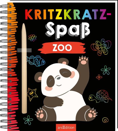 Text: "KRITZKRATZ-SPAß ZOO". Illustration: Ein lachender Panda, bunter Schmetterling, Fisch, Stern, Schildkröte auf schwarzem Hintergrund.