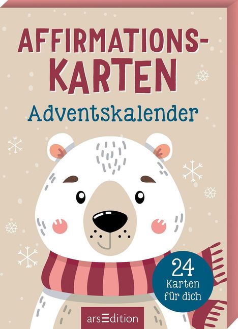 "Affirmationskarten Adventskalender. 24 Karten für dich." Illustration eines niedlichen Bären mit Schal und Schneeflocken.