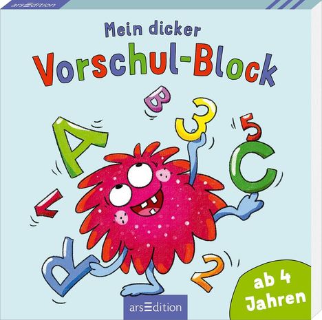Text: "Mein dicker Vorschul-Block", "ab 4 Jahren". Illustration: Ein lachendes, pinkes, pelziges Wesen mit Buchstaben und Zahlen.