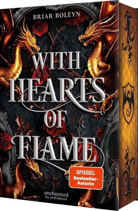 "With Hearts of Flame" in großen Buchstaben. Goldene Drachen und rote Rosen vor schwarzem Hintergrund, dekorativer Stil.
