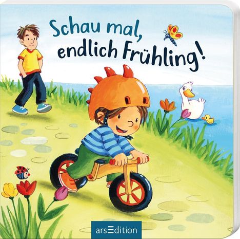 "Schau mal, endlich Frühling!" Kinder spielen auf einem Pfad, ein Kind fährt Fahrrad, Blumen, Schmetterling, Enten am Wasser.