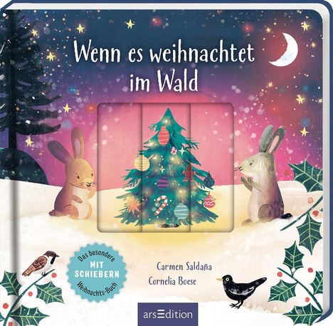 Text: "Wenn es weihnachtet im Wald", "Das besondere Weihnachts-Buch MIT SCHIEBERN". Zwei Hasen beim Tannenbaum.