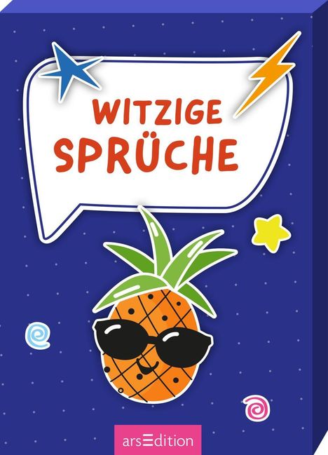 "WITZIGE SPRÜCHE" in einer Sprechblase mit Stern und Blitz, darunter eine Ananas mit Sonnenbrille. Unten "arsEdition".