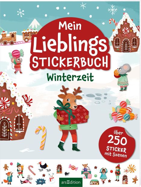 "Mein Lieblings-Stickerbuch Winterzeit" steht oben. Unten "über 250 Sticker mit Szenen". Illustration mit Wintermotiv.