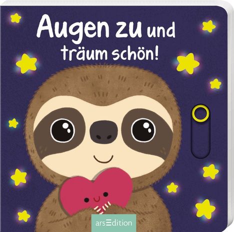 "Augen zu und träum schön!" Große Kulleraugen Faultier hält ein pinkes Herz, umgeben von gelben Sternen auf lila Hintergrund.