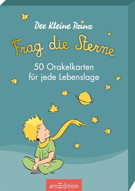 **Der Kleine Prinz: Frag die Sterne - 50 Orakelkarten für jede Lebenslage.**

Eine Illustration mit einem Jungen, Sternen und Planet.
