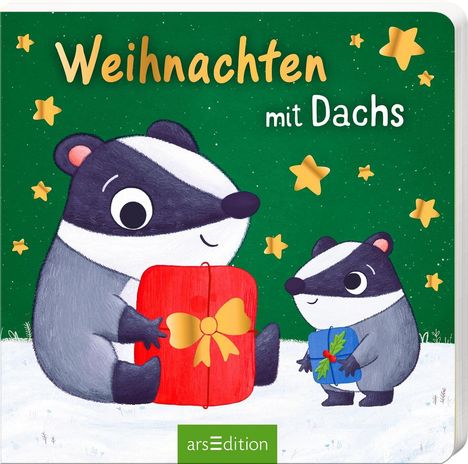 "Weihnachten mit Dachs" steht oben. Zwei Dachse halten Geschenke, Bogen und Sterne schmücken die Szene, arsEdition-Logo unten.
