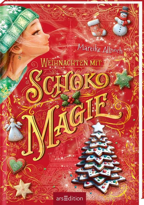 "Weihnachten mit Schoko Magie." Oben links ein Mädchen im Profil. Keksbaum, Schneemann und Weihnachtsdekoration.