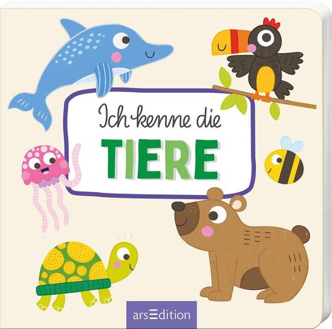 "Ich kenne die Tiere", verspielte Illustrationen von Delfin, Bär, Papagei, Biene, Schildkröte und Qualle.