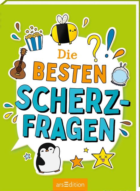 "Die besten Scherzfragen" in bunten Buchstaben auf grünem Hintergrund, mit Illustrationen von Biene, Pinguin und Stern.