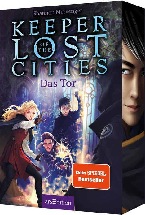 Text: "KEEPER OF THE LOST CITIES", "Das Tor", "Dein SPIEGEL Bestseller". Drei Jugendliche mit magischen Kräften in einer mystischen Szene.
